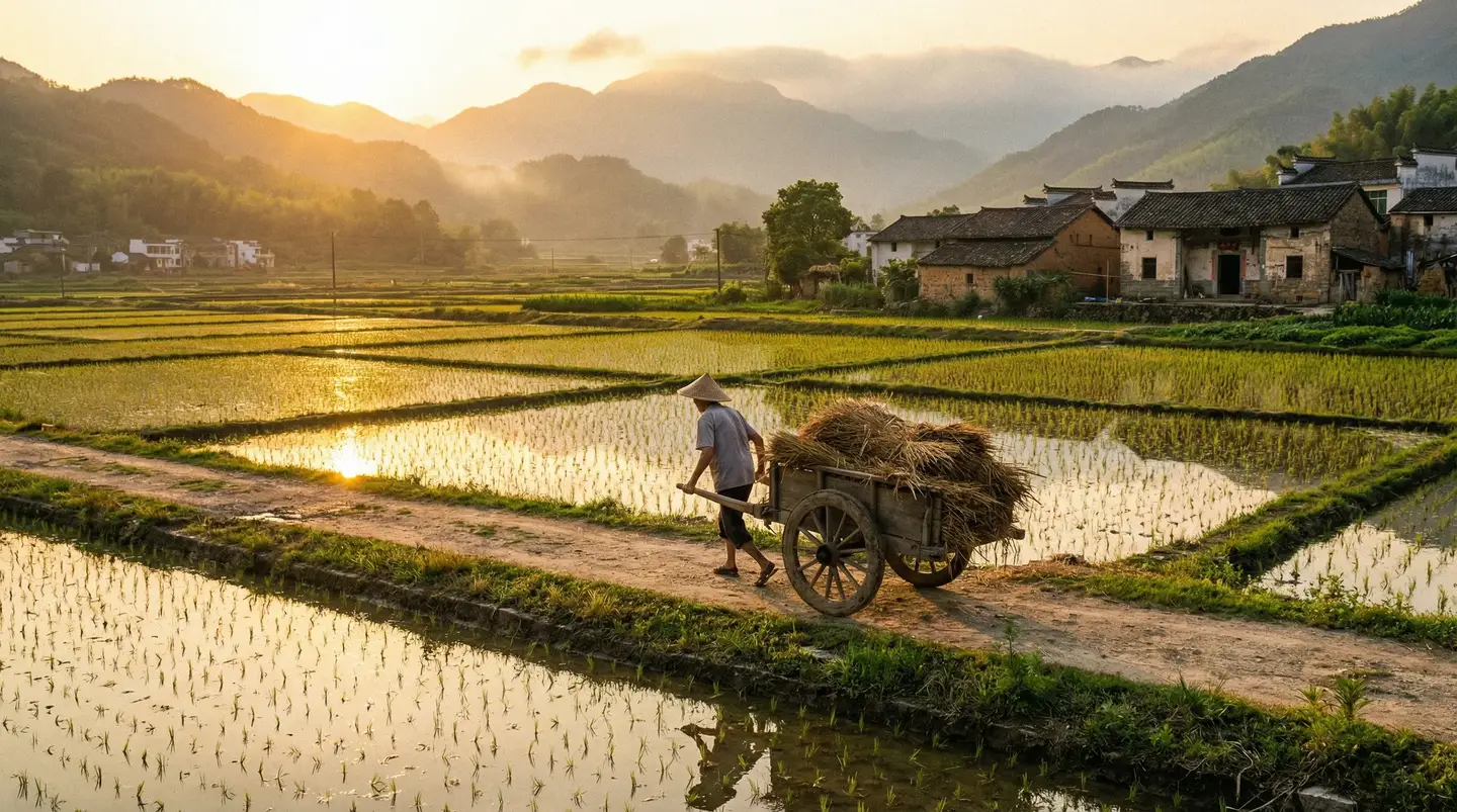 华丽的外出免费现在观看 - 金色夕阳下的乡村田野，老农推着木车行走在田埂上