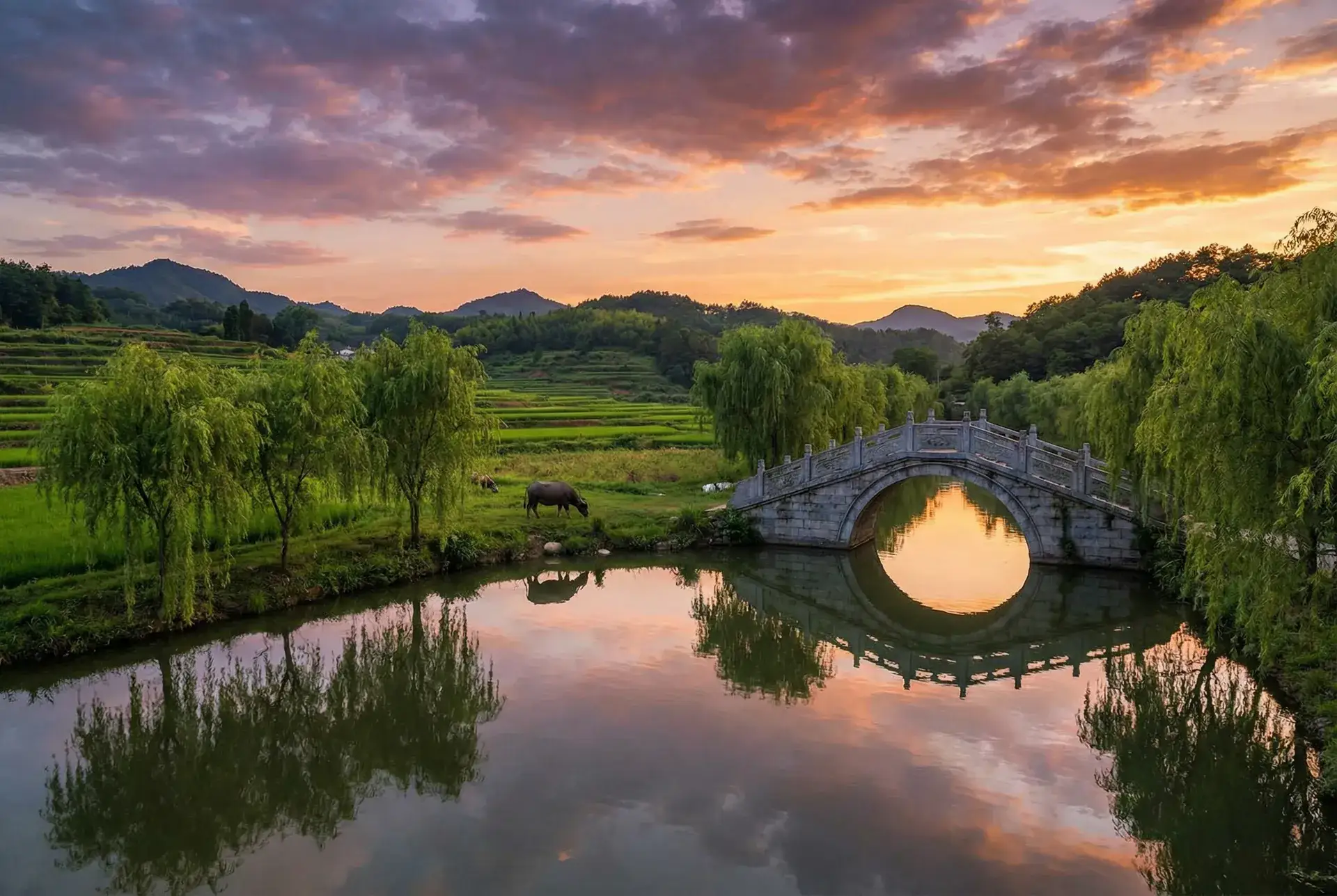 夕阳下的石拱桥与垂柳，水牛在河边吃草 - 华丽的外出免费现在观看 乡村美景
